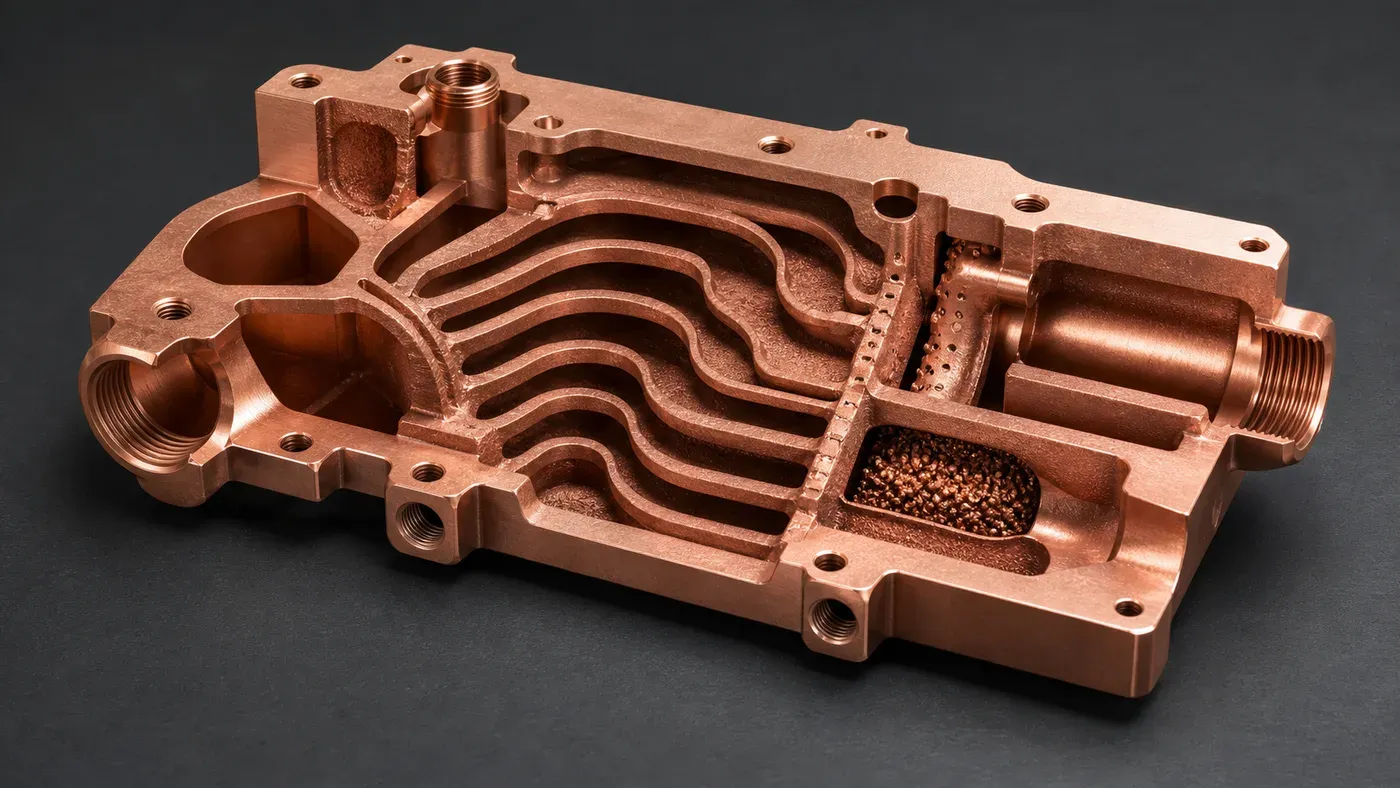 Isometric cutaway of a 3D printed copper heat exchanger showing internal channel and powder removal limits