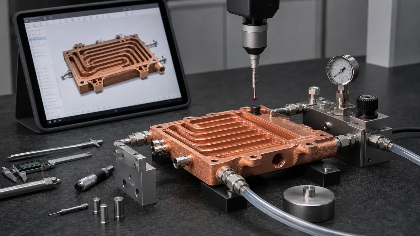 3D printed copper heat exchanger connected to pressure flow test and inspection equipment
