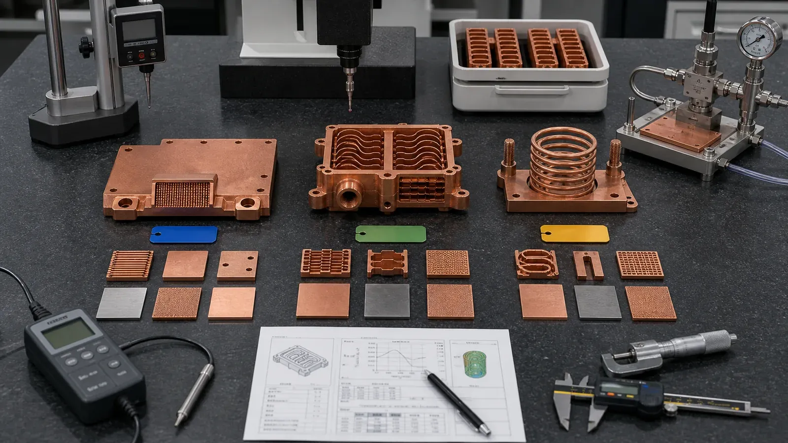 Concept illustration of copper samples and inspection equipment, not an actual validation record