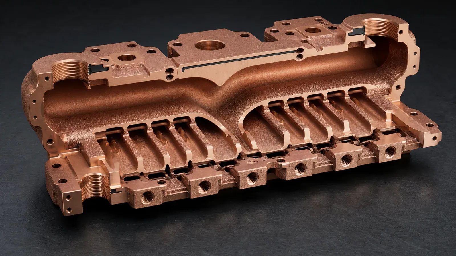 Cross-section of copper AM cooling manifold showing internal flow distribution