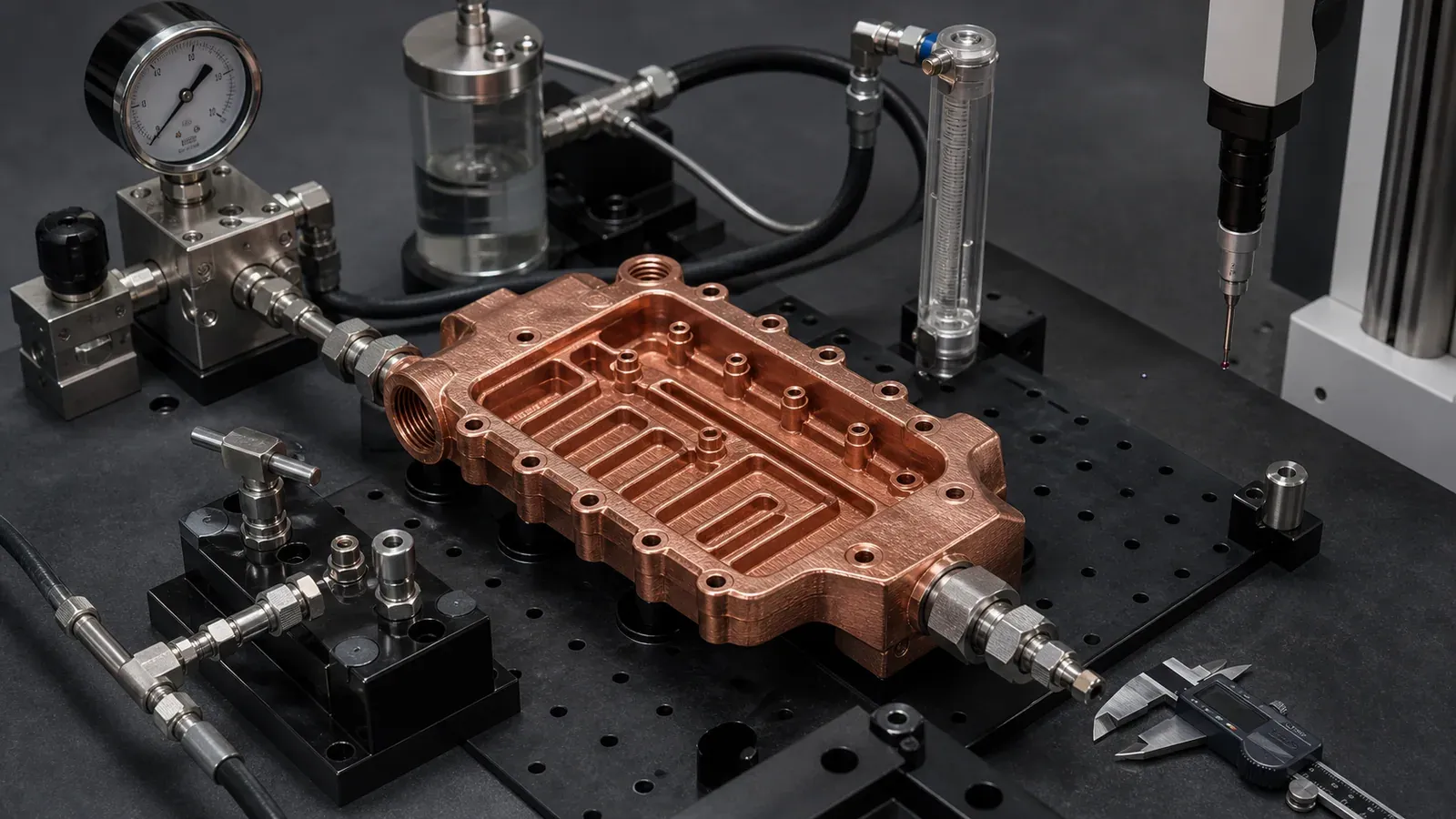 Copper 3D printed cooling manifold validation bench with pressure leak and flow test equipment