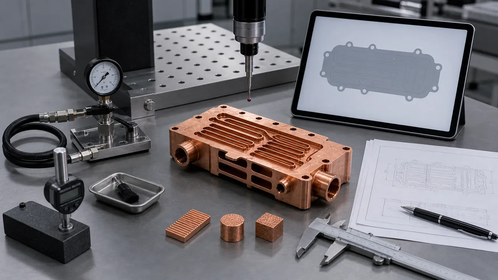 Copper AM CAD and RFQ validation package with finished copper component, blank CAD model, pressure fixture, CMM probe, drawing sheets, and witness coupons
