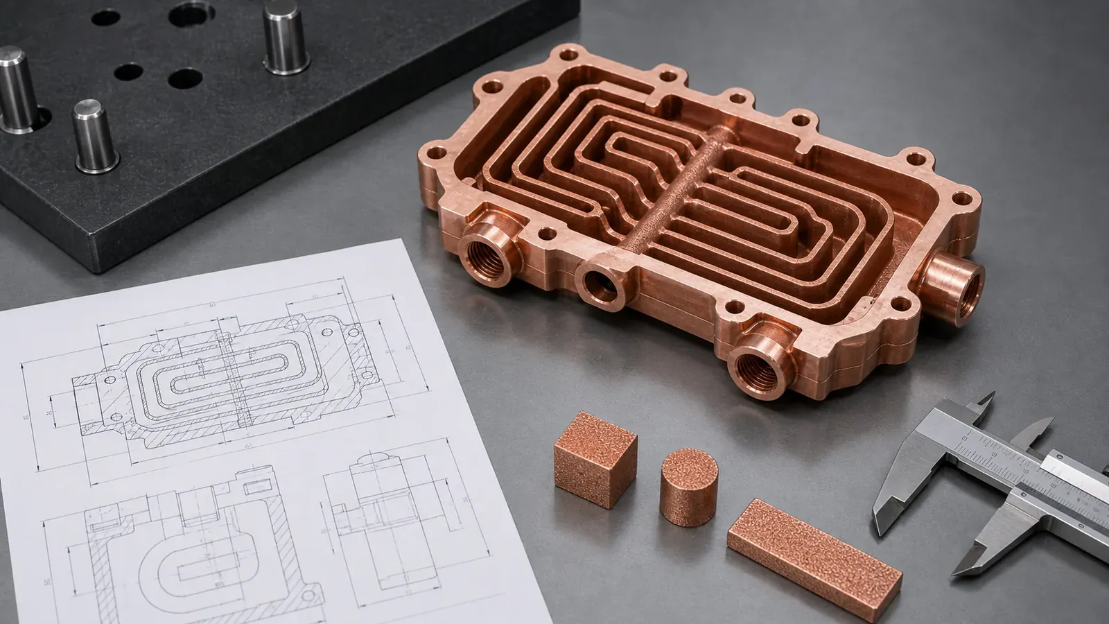 Copper AM CAD section view with internal channels, wall thickness, threaded ports, section drawing, caliper, and witness coupons
