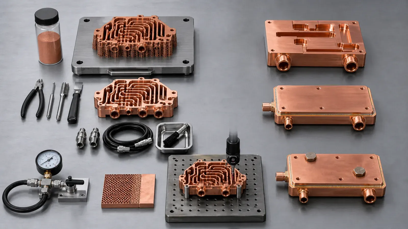 Copper AM cost driver route breakdown with printed copper internal-channel parts, powder, cleaning tools, CNC finishing, and pressure test hardware