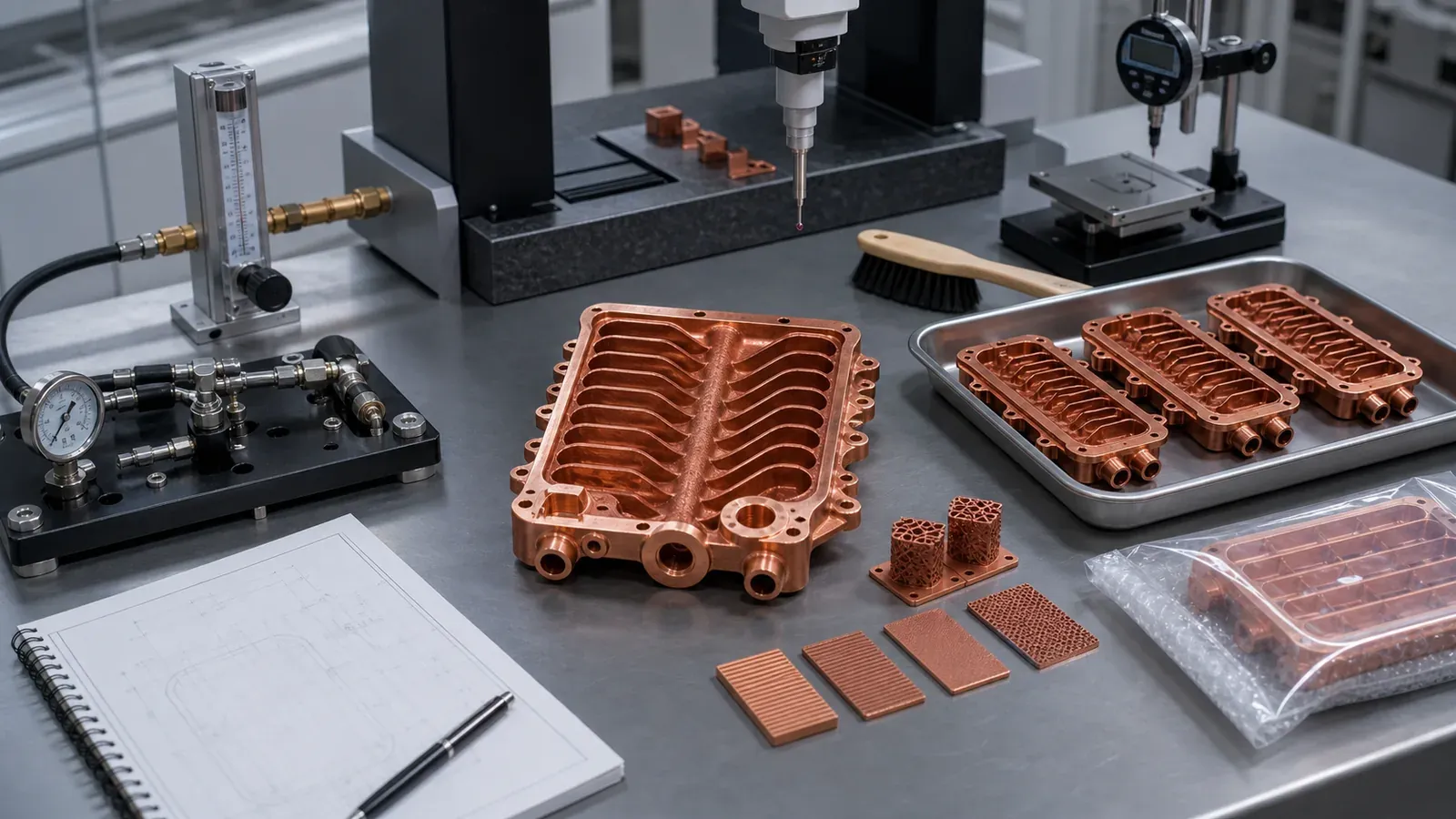 Finished copper additive manufacturing parts on validation bench with pressure fixture, CMM probe, witness coupons, flow meter, and packaging