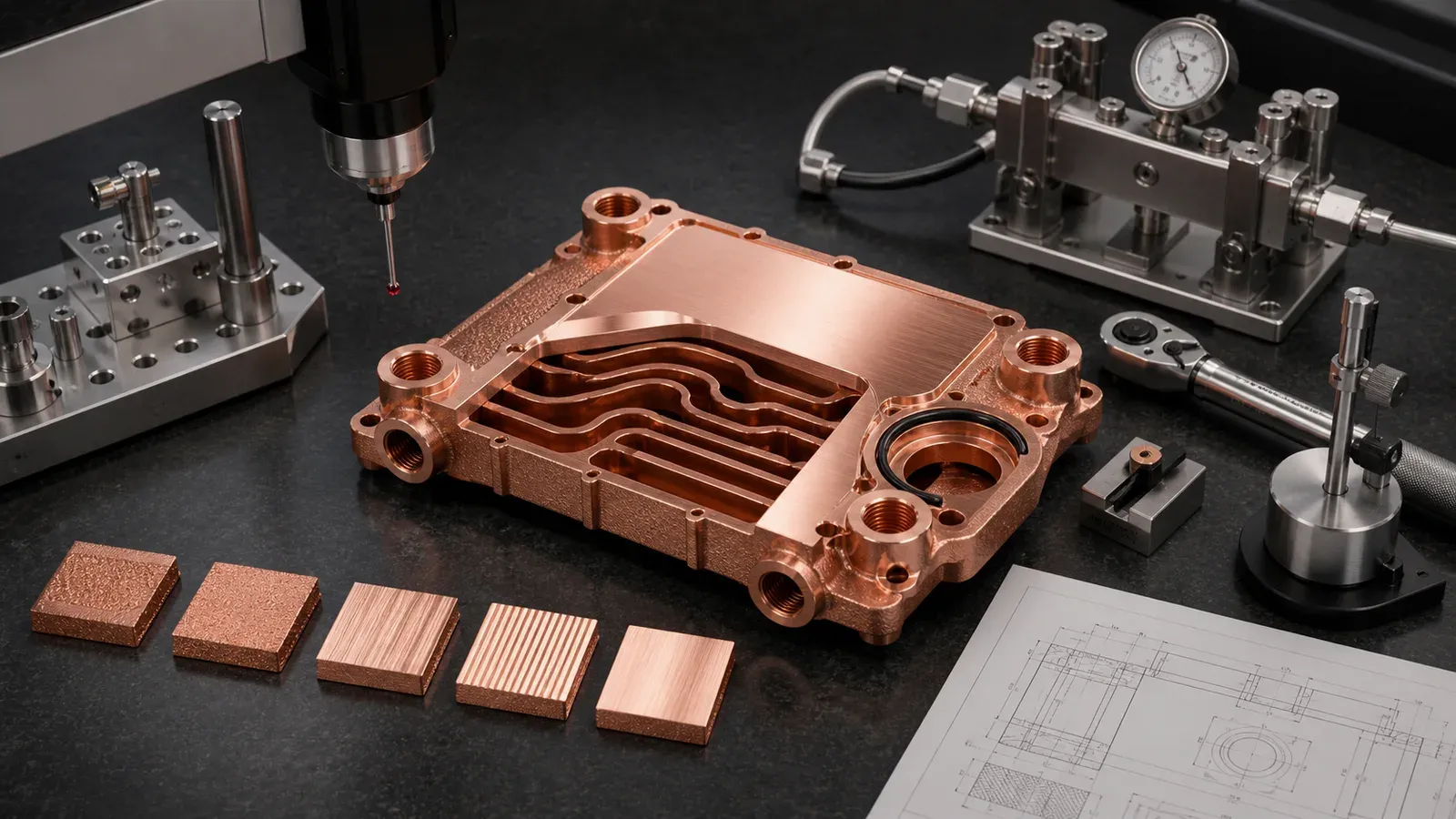 Corrected copper AM cold plate and manifold on validation bench with CMM probe, pressure fixture, torque tool, machined sealing lands, threaded ports, witness coupons, and inspection drawing