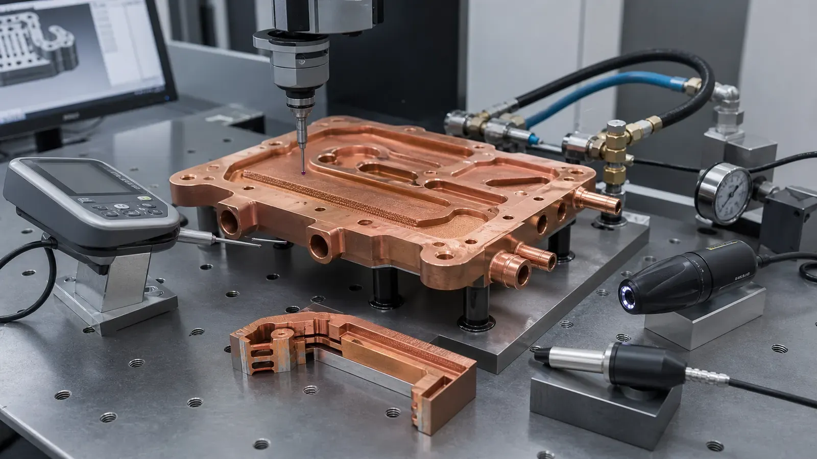 Copper additive manufacturing inspection workflow with CMM probe, surface roughness tester, pressure fittings, section coupon, borescope, and conductivity probe