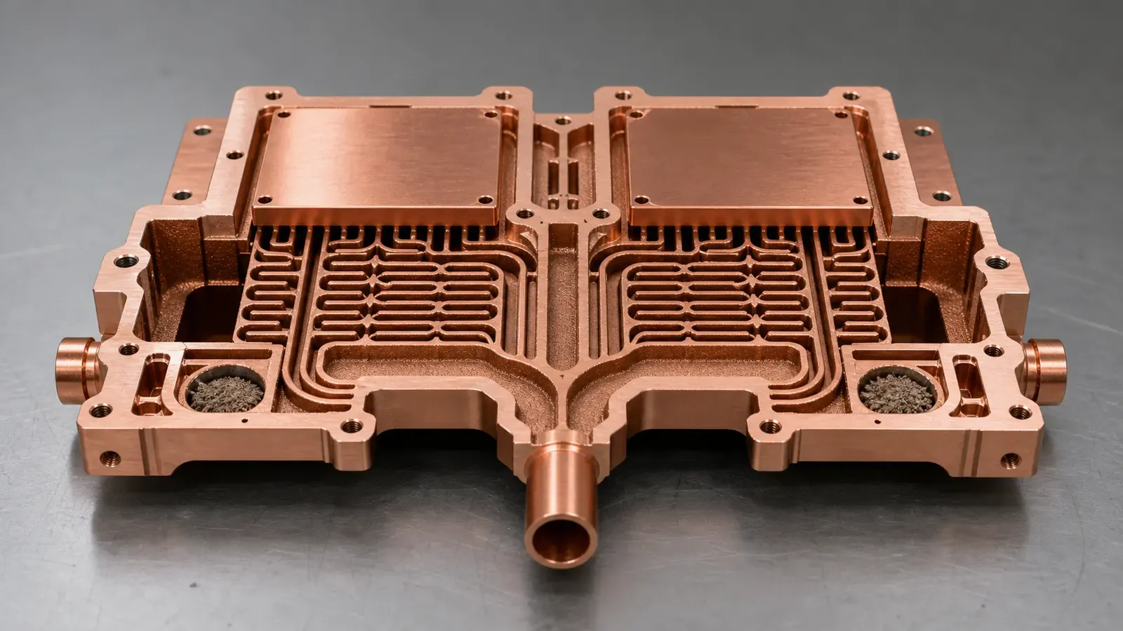 Cross-section of copper AM dual GPU cold plate internal flow paths