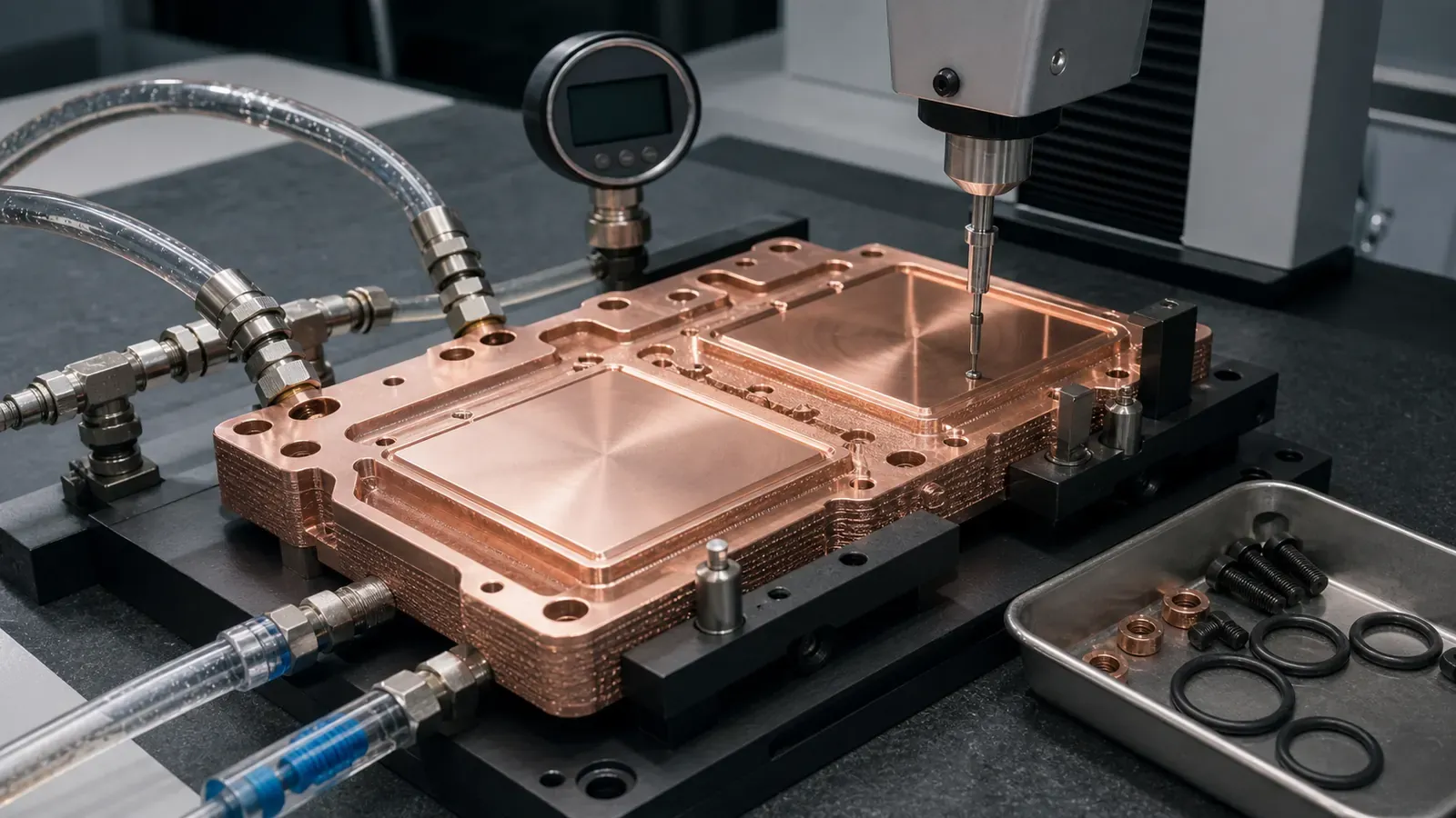 Copper AM dual GPU cold plate validation bench with leak test and flatness inspection