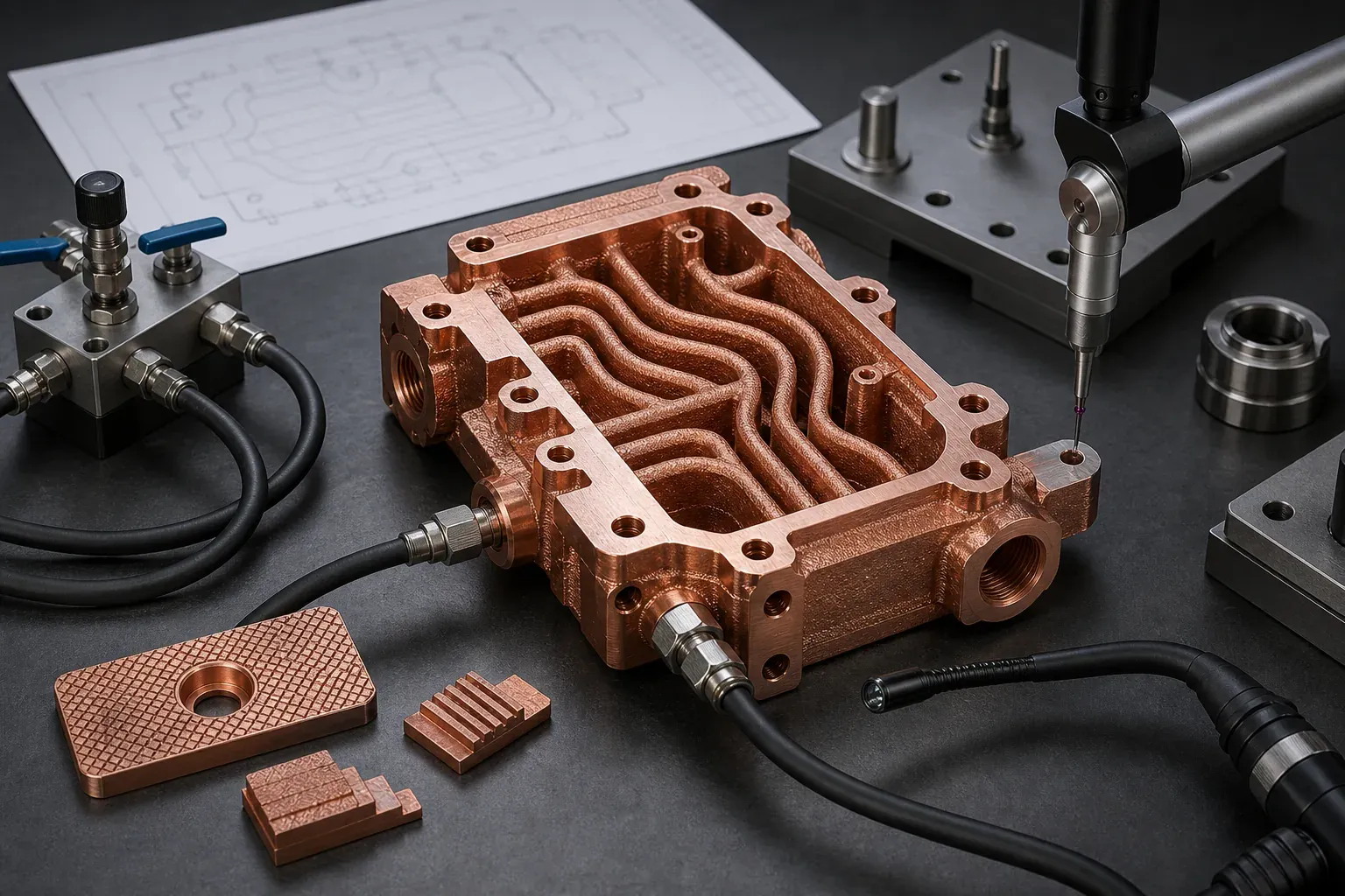 Copper additive manufacturing finished component on a validation bench with pressure test fixture, CMM probe, witness coupons, and cleaning tool