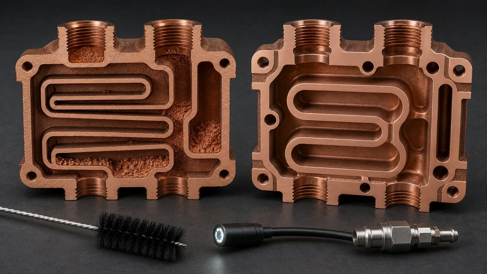 Copper AM internal-channel design mistakes compared with corrected copper channel design showing trapped powder, blind pocket risk, accessible channels, cleaning tools, borescope, and fittings