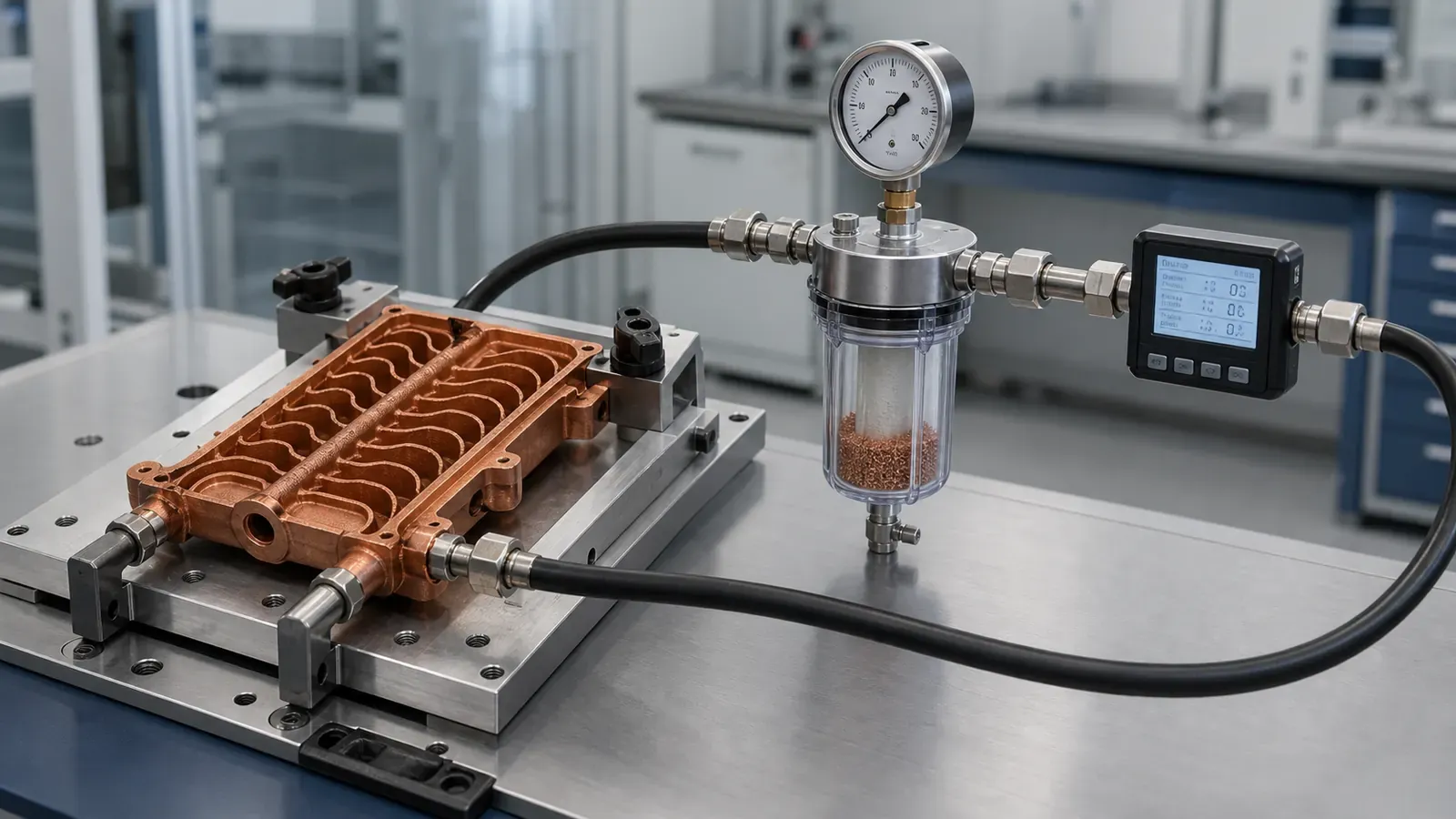 Copper AM internal channel part connected to flushing, filtration, flow, and pressure test equipment