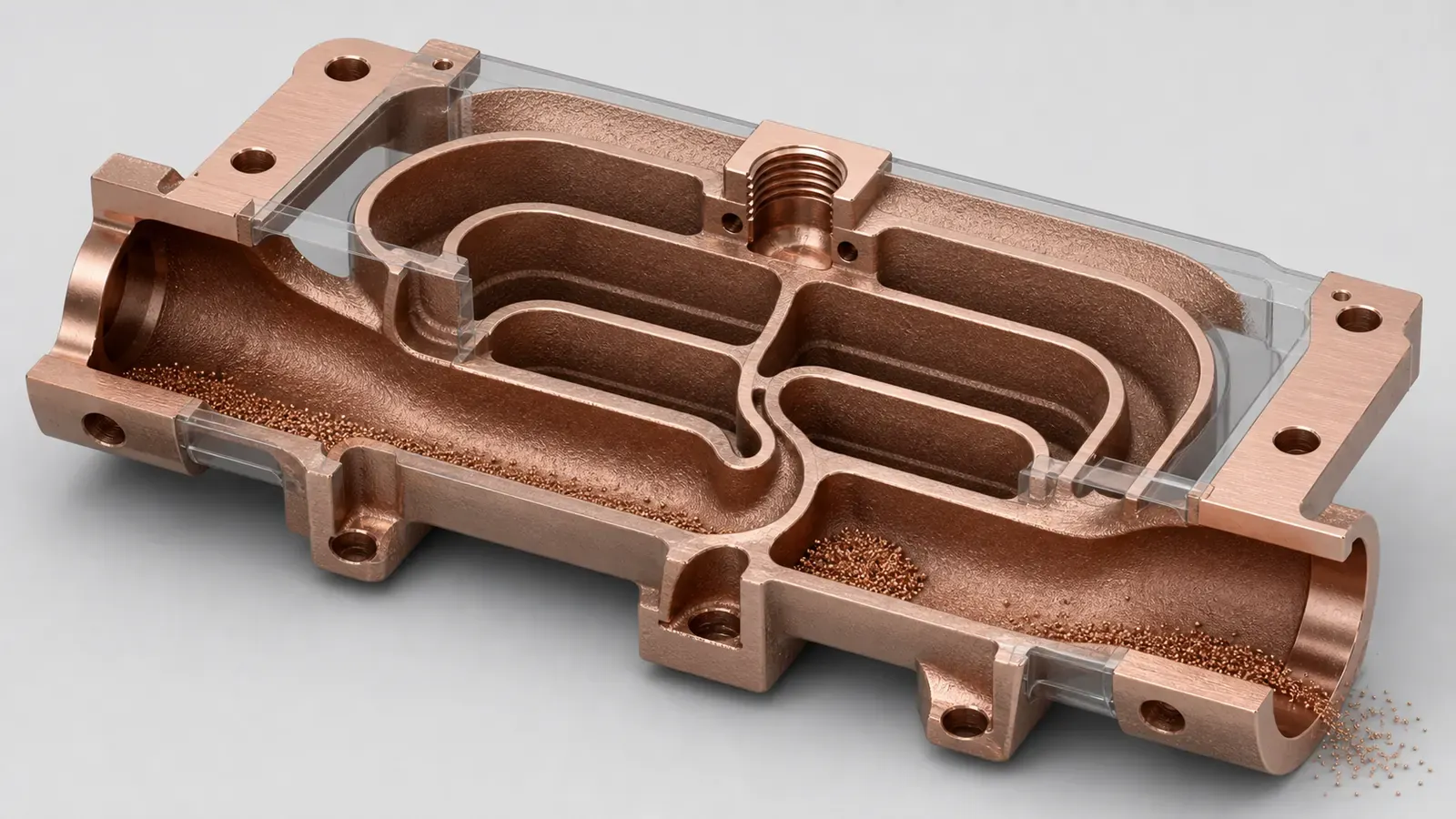 Isometric cutaway of a 3D printed copper part showing cleanable channels and powder retention risk