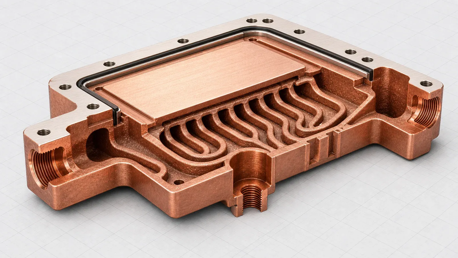 Isometric cutaway of copper AM liquid cooling plate with integrated manifolds and internal channels