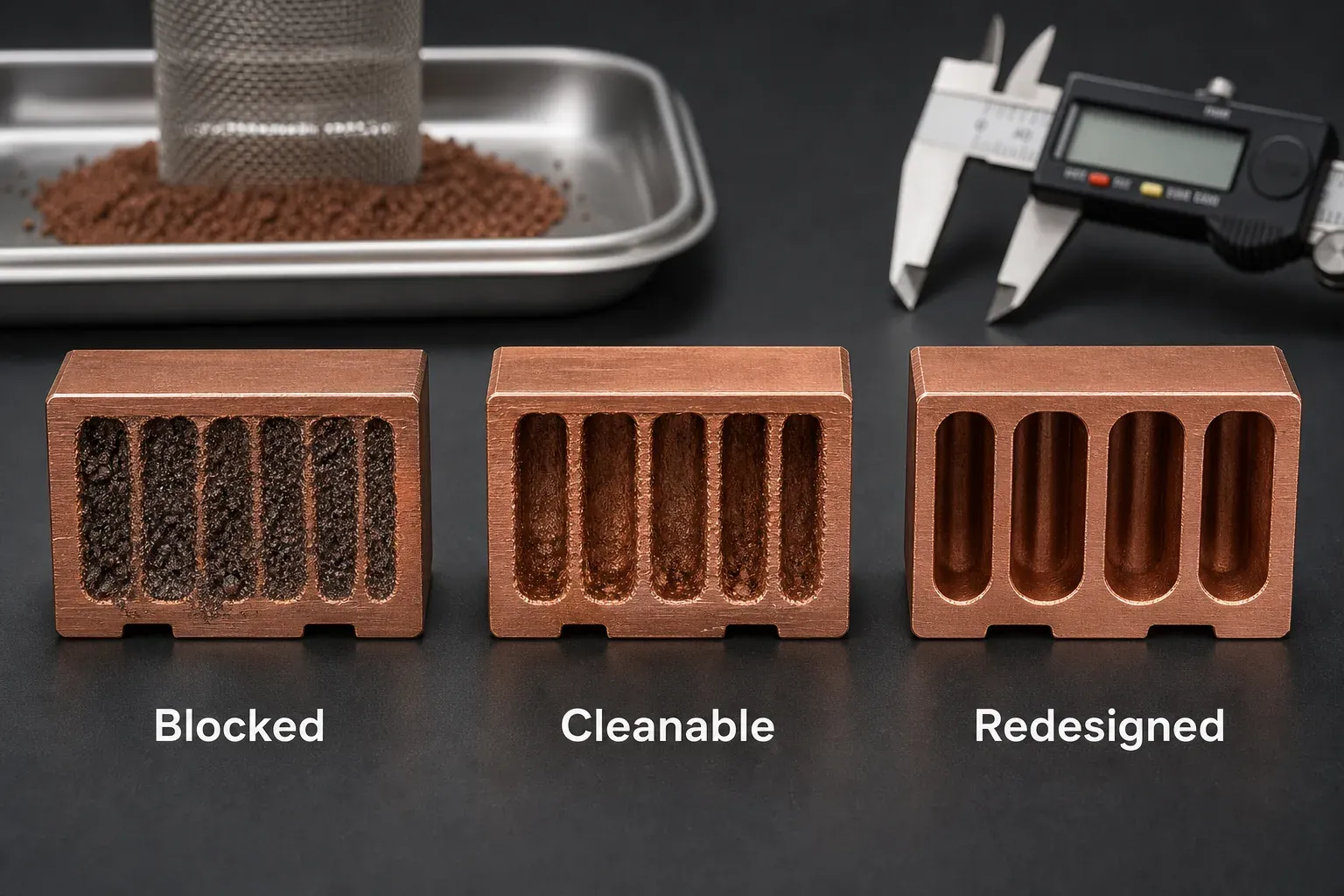 Copper AM microchannel cleanability comparison showing blocked, cleanable, and redesigned channel samples