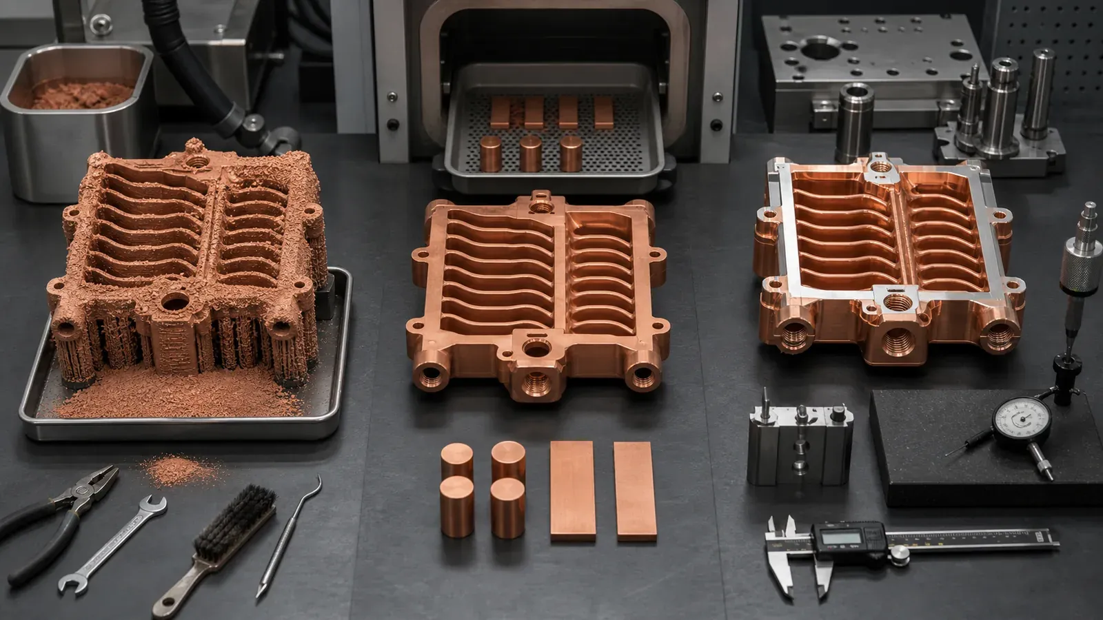 Copper AM post-processing route comparison from as-built depowdering to heat treatment and final CNC machined surfaces