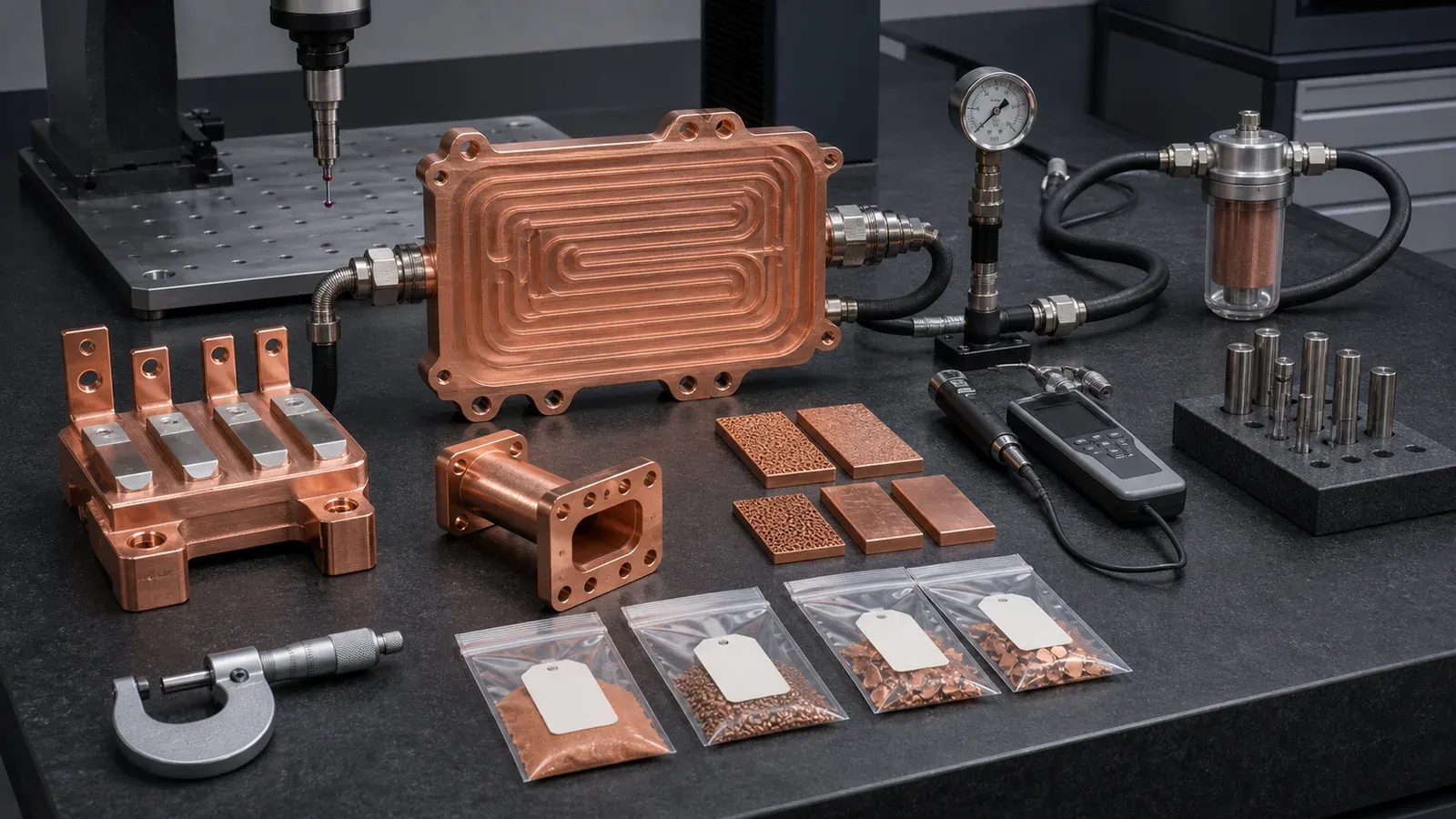 Post-processed 3D printed copper parts on validation bench with leak test fittings, CMM probe, roughness tester, coupons, and conductivity check