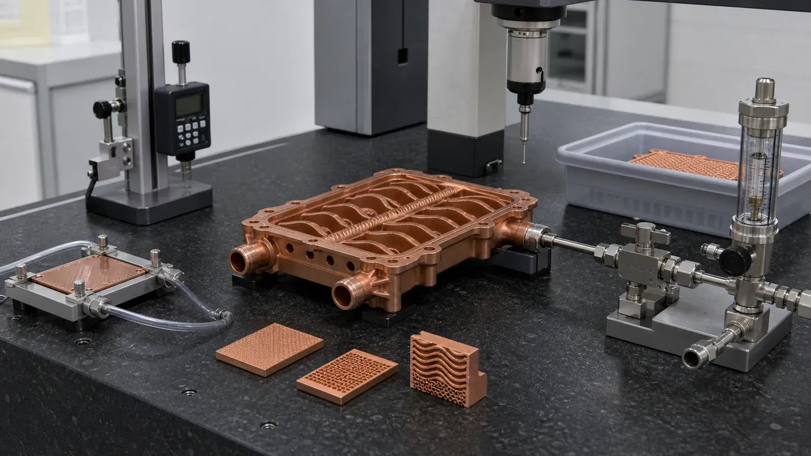 Copper AM quotation validation bench with finished copper manifold, pressure lines, CMM probe, witness coupons, and flow-test hardware