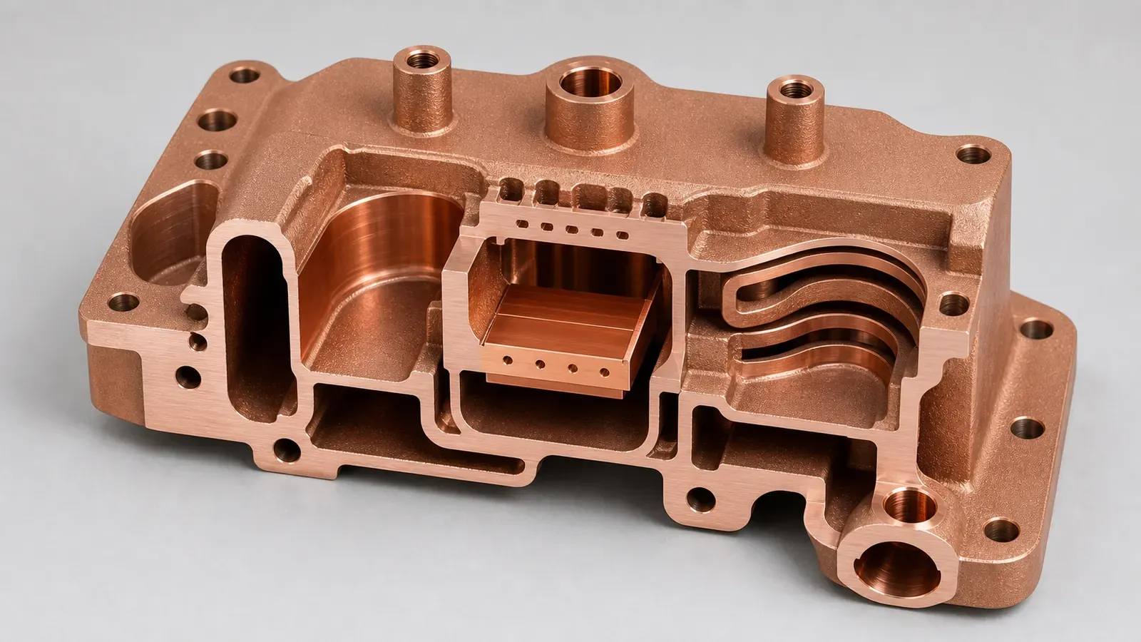Cutaway copper AM vacuum manifold showing RF cavity, internal cooling jacket, and cleaning access