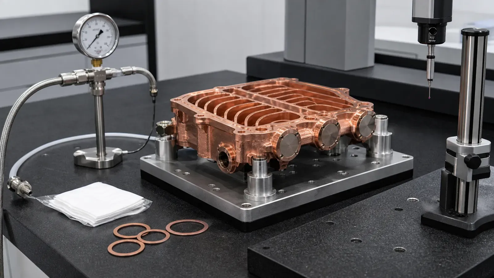Copper AM vacuum manifold on a leak-test and dimensional inspection bench