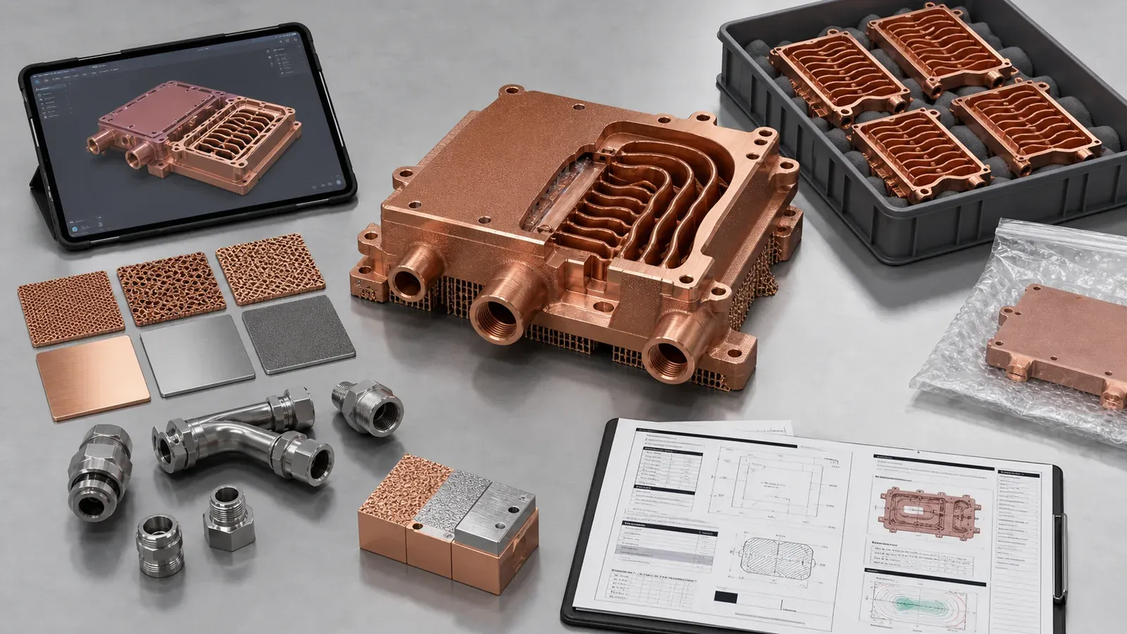 Copper additive manufacturing RFQ input gates with CAD tablet, copper component, material coupons, fittings, surface samples, drawings, and packaging tray