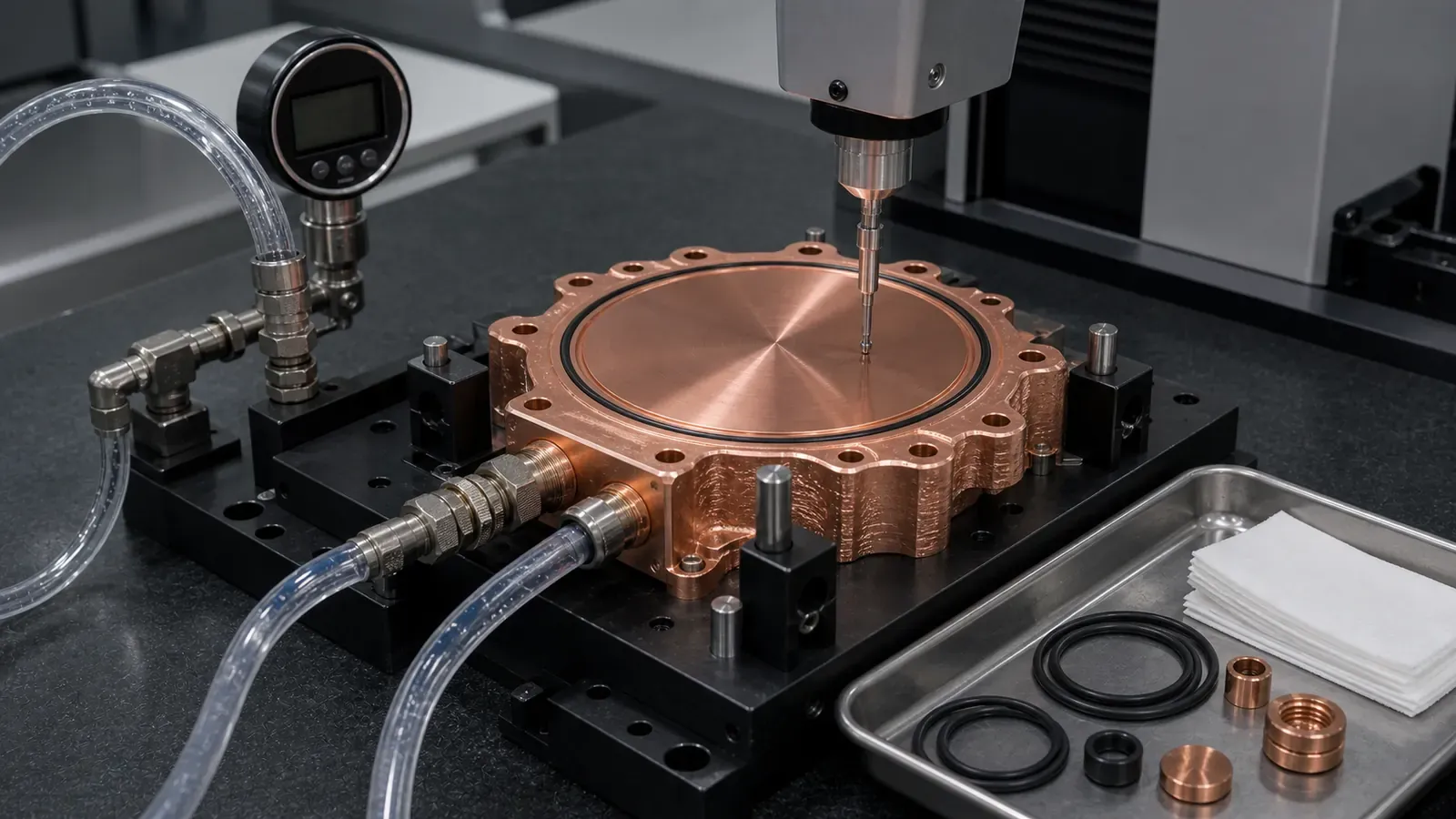 Copper AM semiconductor cooling block validation bench with leak and flatness inspection