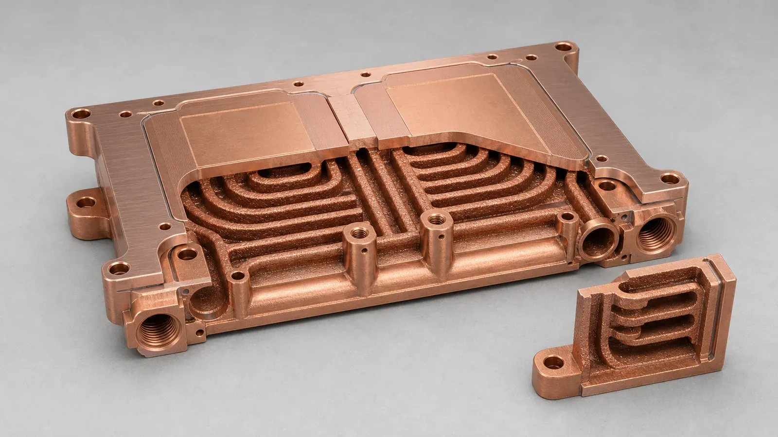 Cutaway of 3D printed copper cold plate showing internal channels for SiC power module cooling