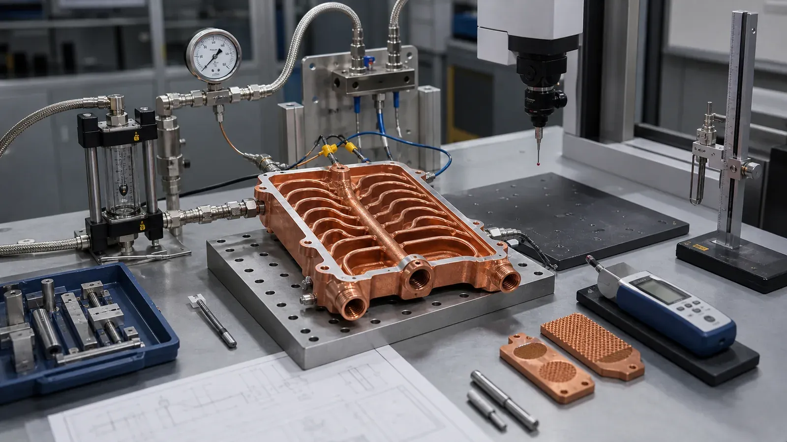 Copper 3D printed cold plate validation bench with pressure leak flow and dimensional inspection tools