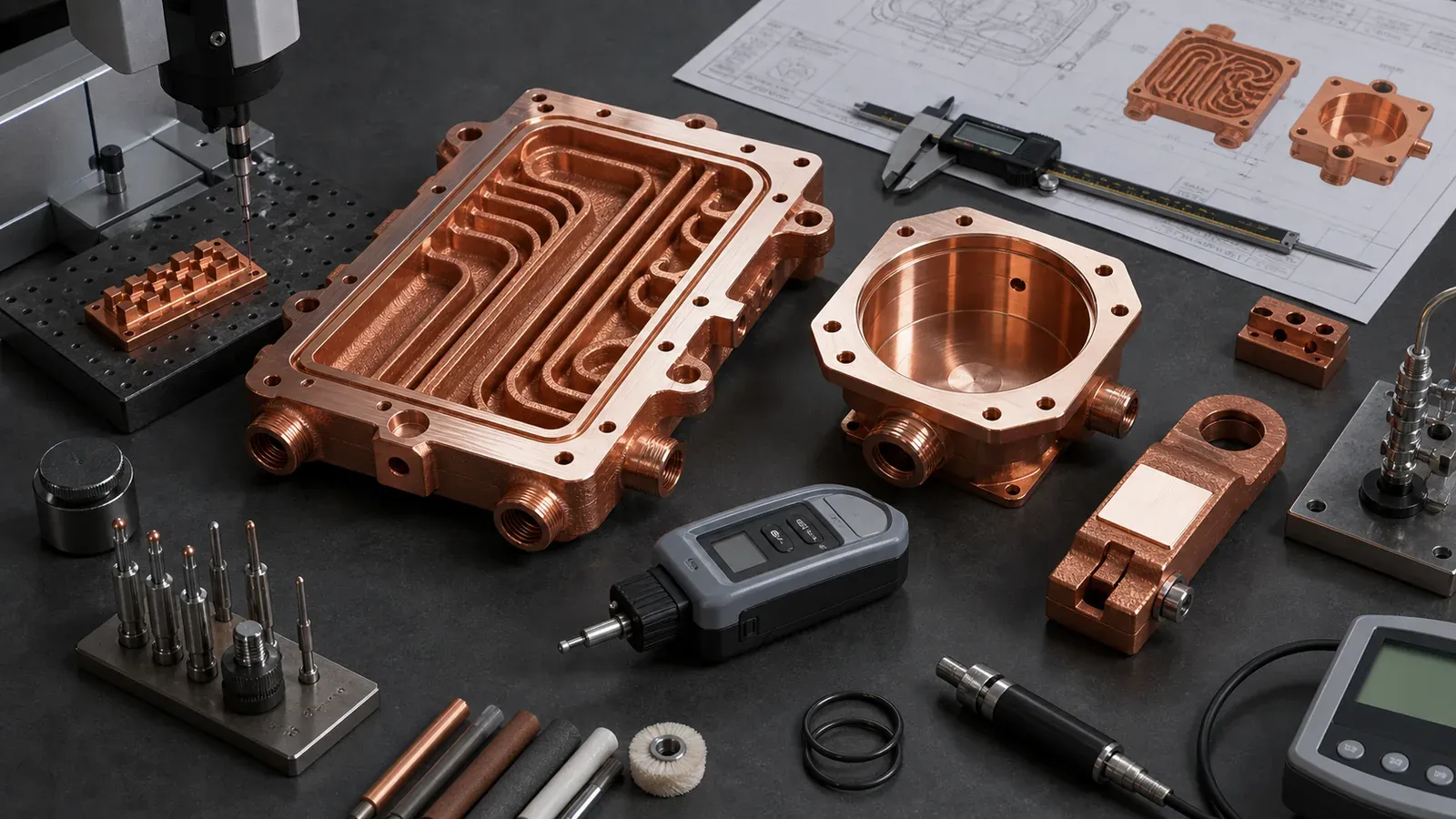 Copper AM surface finish inspection route with machined sealing lands, polished contact surfaces, roughness tester, CMM probe, and leak-test fittings