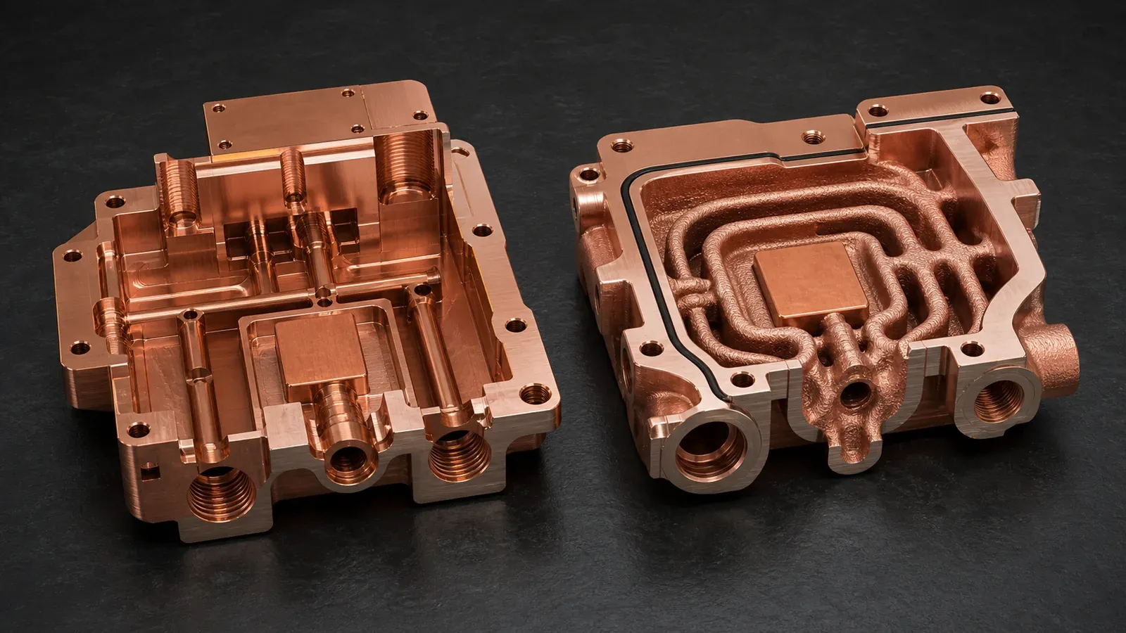 CNC copper part with straight tool-access channels compared with copper AM part using curved integrated internal channels