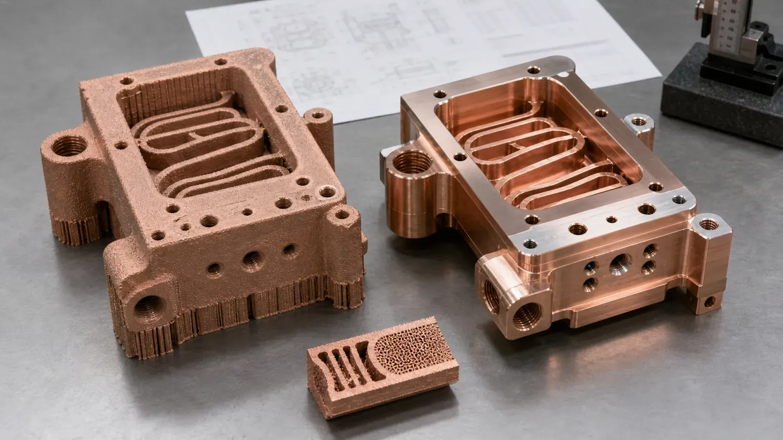 Side-by-side copper LPBF printed blank and machined finished component showing datum pads, machining stock, ports, and seal lands