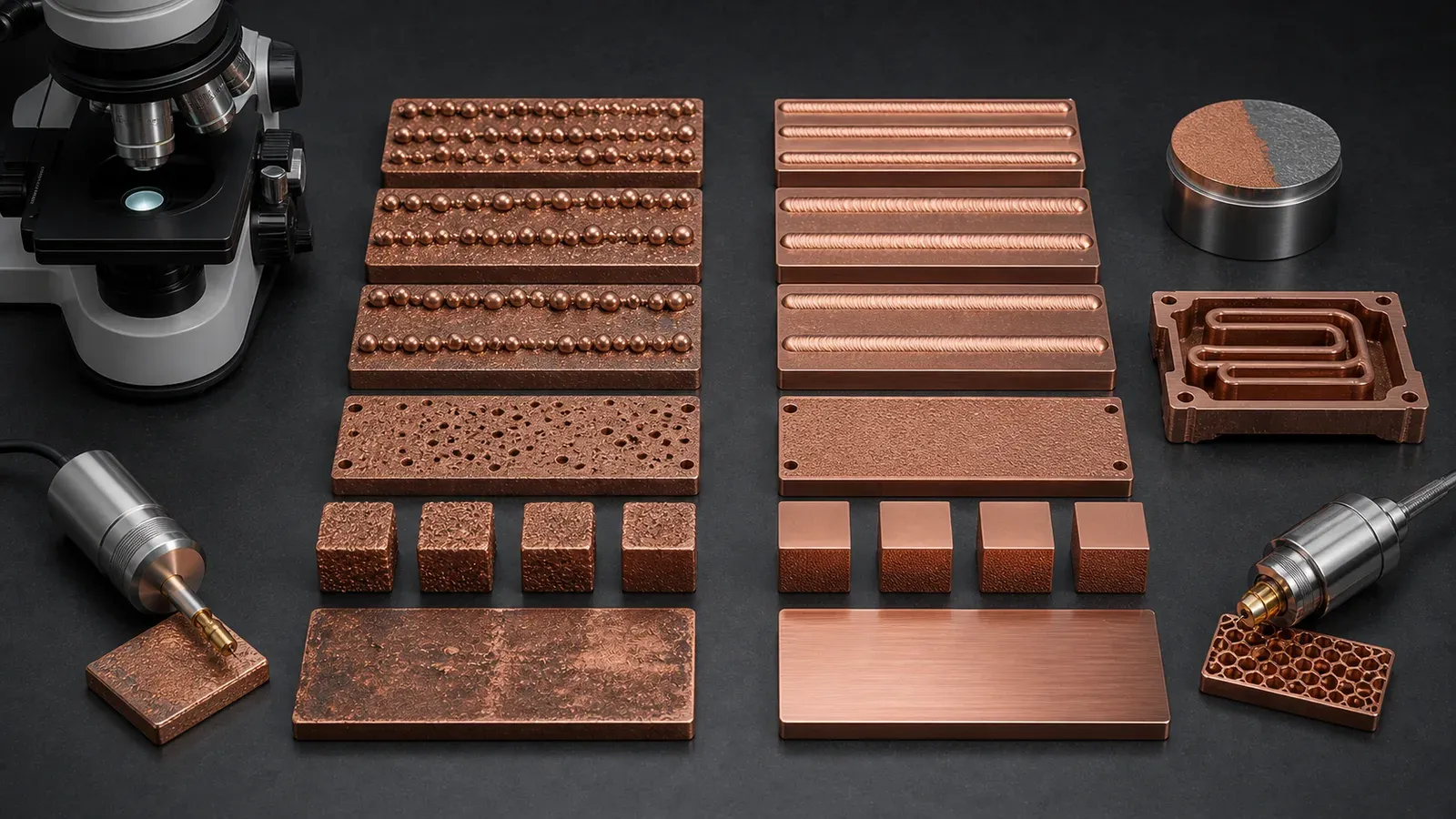 Copper LPBF process-window comparison showing unstable infrared laser melt tracks, balling, rough coupons, controlled copper tracks, dense coupons, microscope, cross-section puck, and conductivity probe