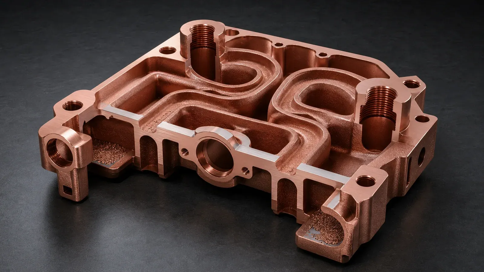 Cutaway copper LPBF cooling manifold showing internal channels, powder removal access, robust walls near threads, and machined sealing faces