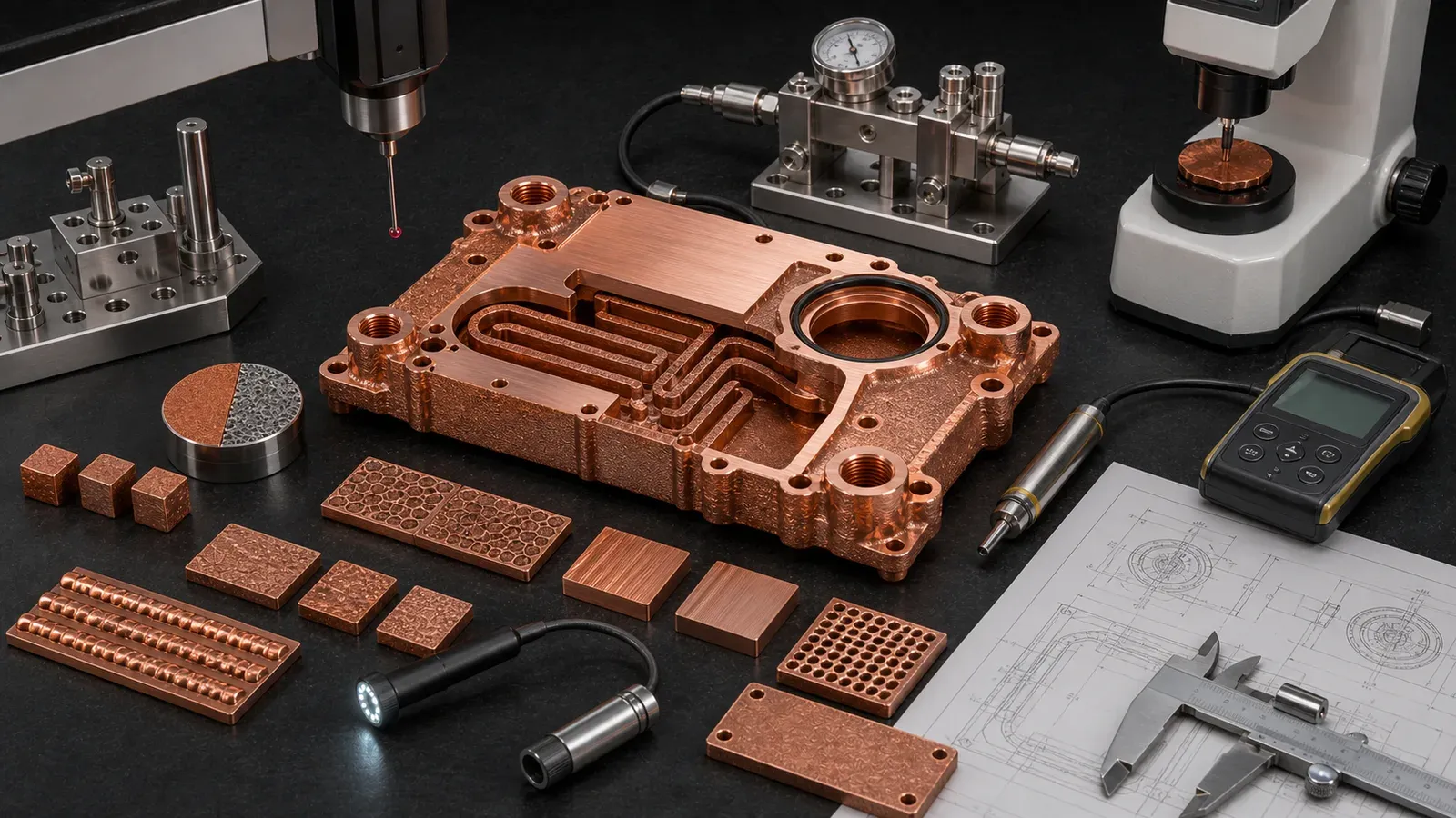 Copper LPBF route validation bench with finished copper cold plate, witness coupons, CMM probe, conductivity probe, hardness indenter, cross-section puck, borescope, and pressure fixture