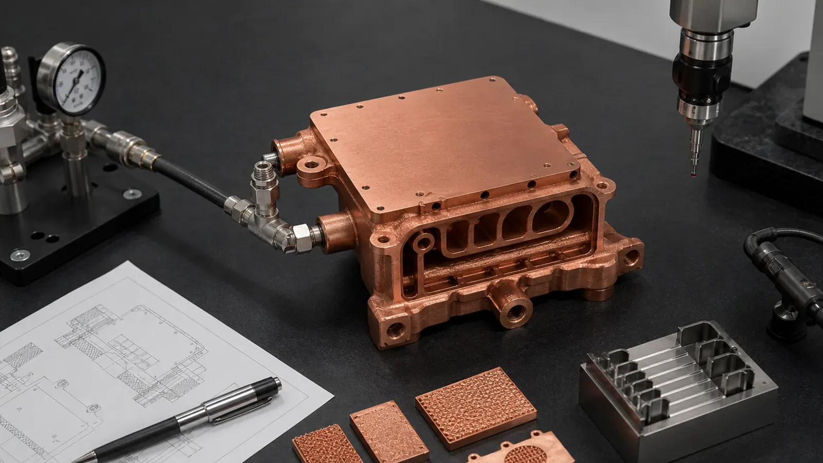Copper LPBF validation bench with machined copper part, pressure fixture, witness coupons, CMM probe, borescope, and inspection tools