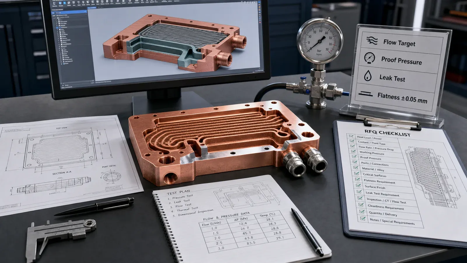 Copper microchannel cold plate RFQ readiness desk with CAD, pressure gauge, and inspection checklist