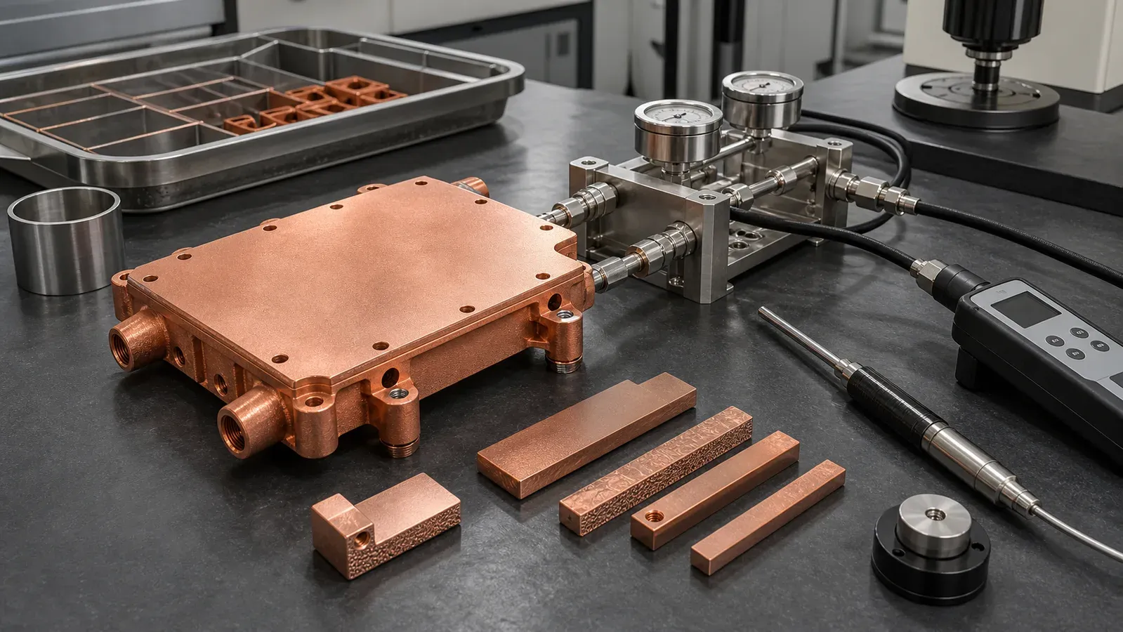 CuCrZr 3D printed thermal component on a pressure and flow validation bench with witness coupons