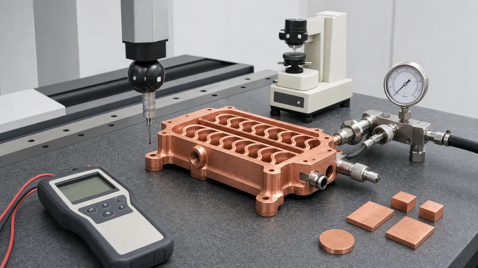 Heat-treated CuCrZr 3D printed copper component on validation bench with CMM, conductivity meter, pressure fittings, and witness coupons