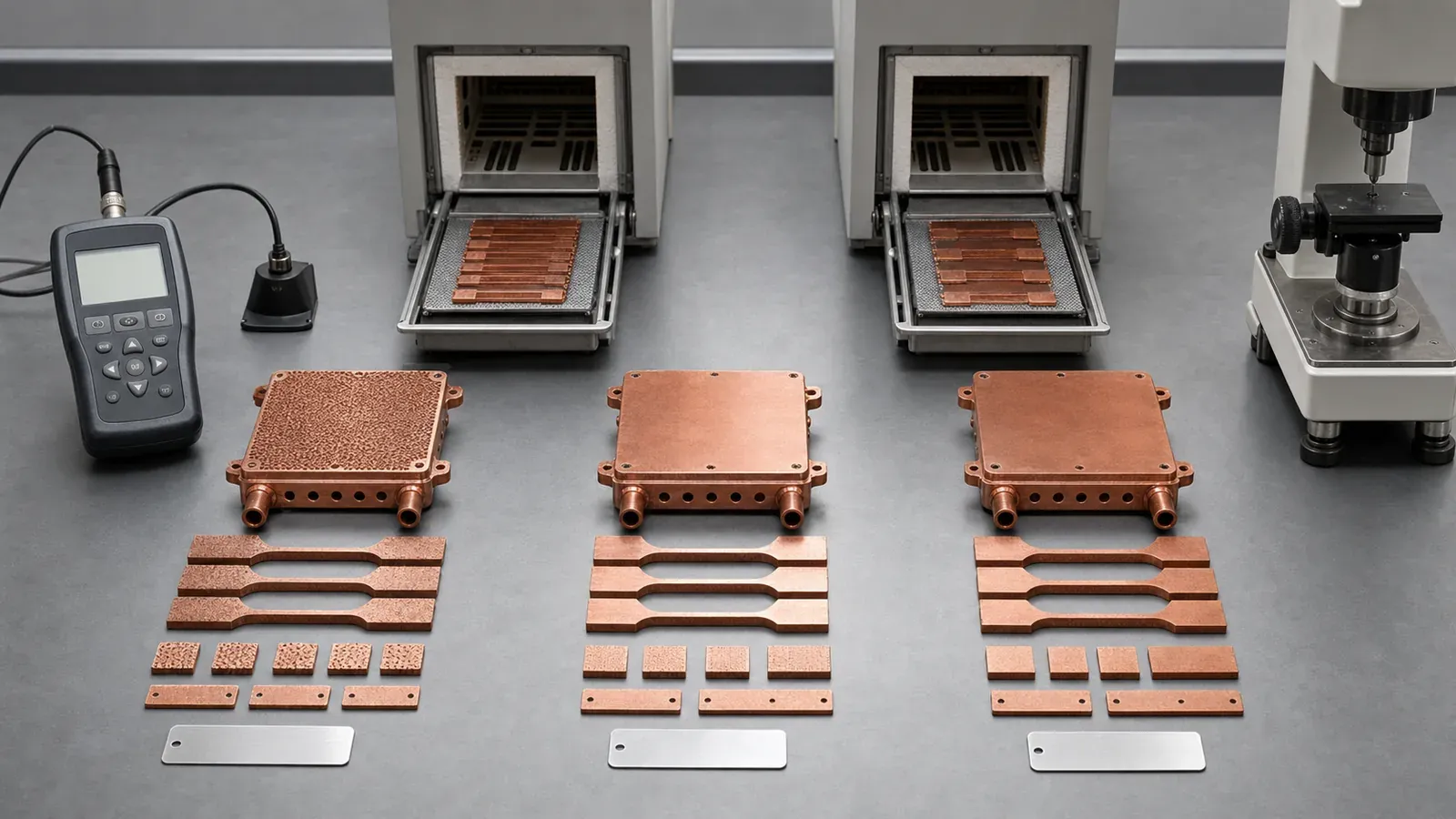 CuCrZr aging route comparison with printed components, witness coupons, furnaces, conductivity meter, and hardness tester