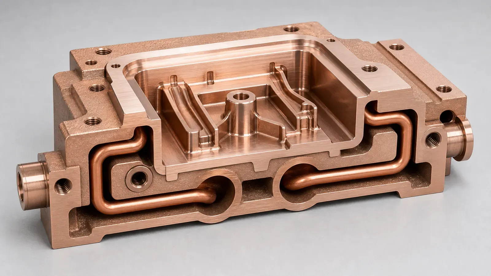 Cutaway CuCrZr copper AM mold insert showing conformal cooling channels around rib and boss hot spots