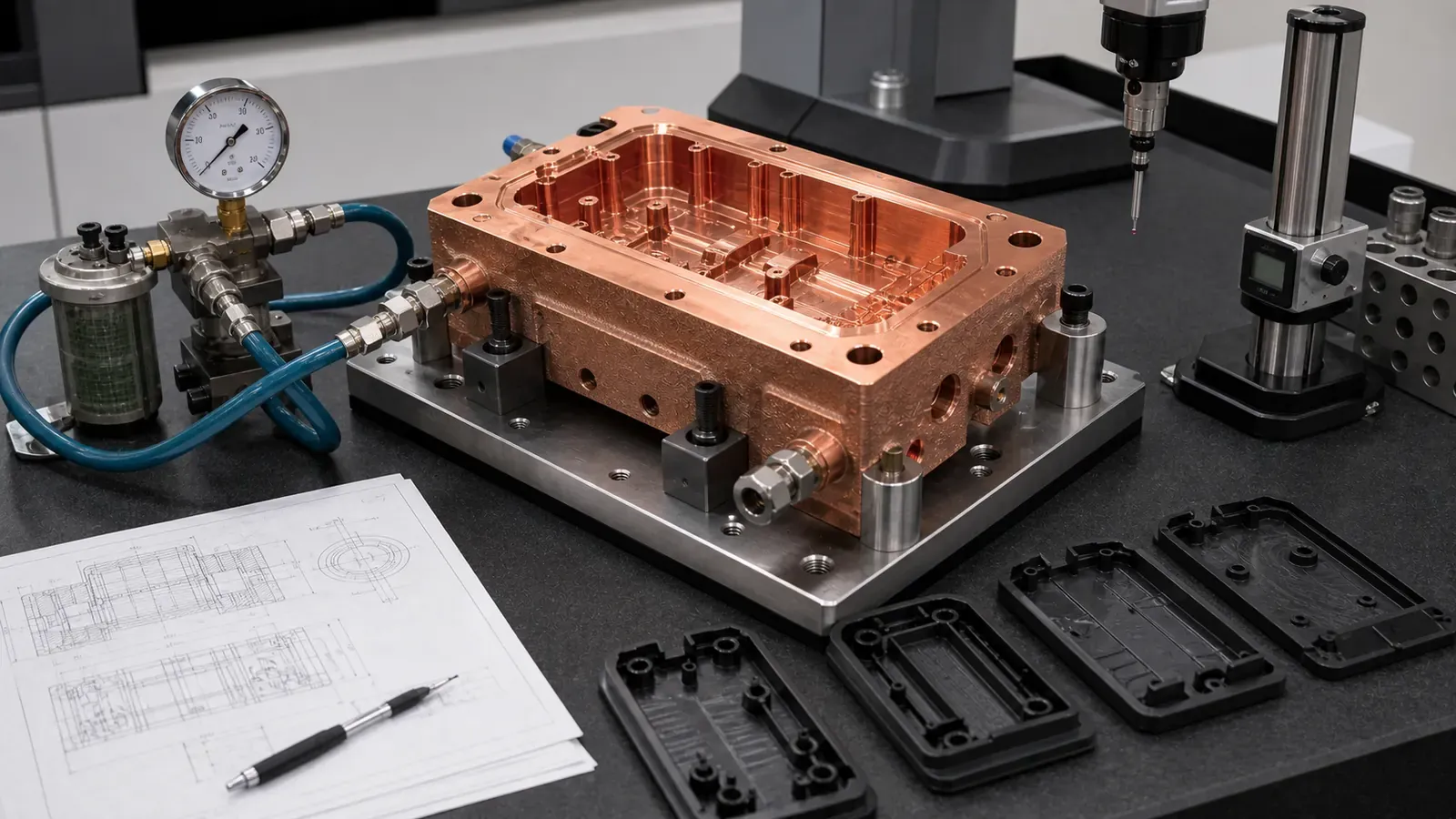 CuCrZr copper AM mold insert on a pressure flow and dimensional inspection bench