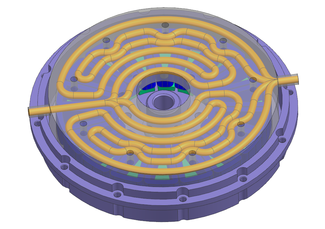 Four-branch cooling channel layout positioned inside a motor housing with assembly keep-outs