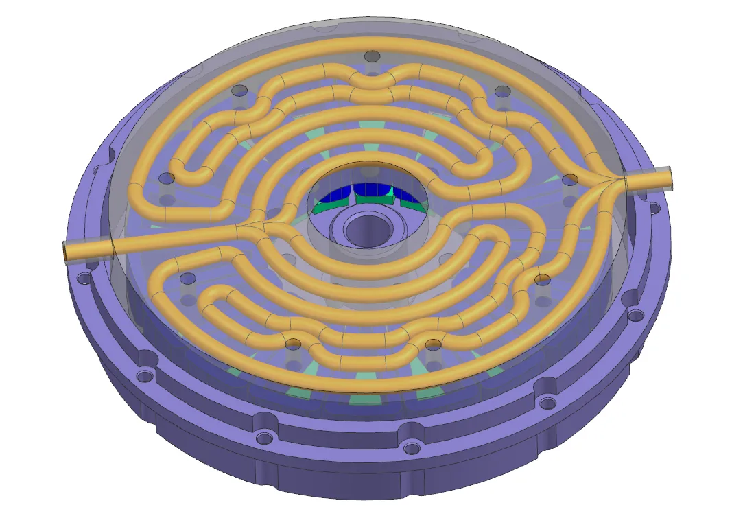 Cooling channel placed inside the motor housing assembly, showing the four branches positioned around the stator