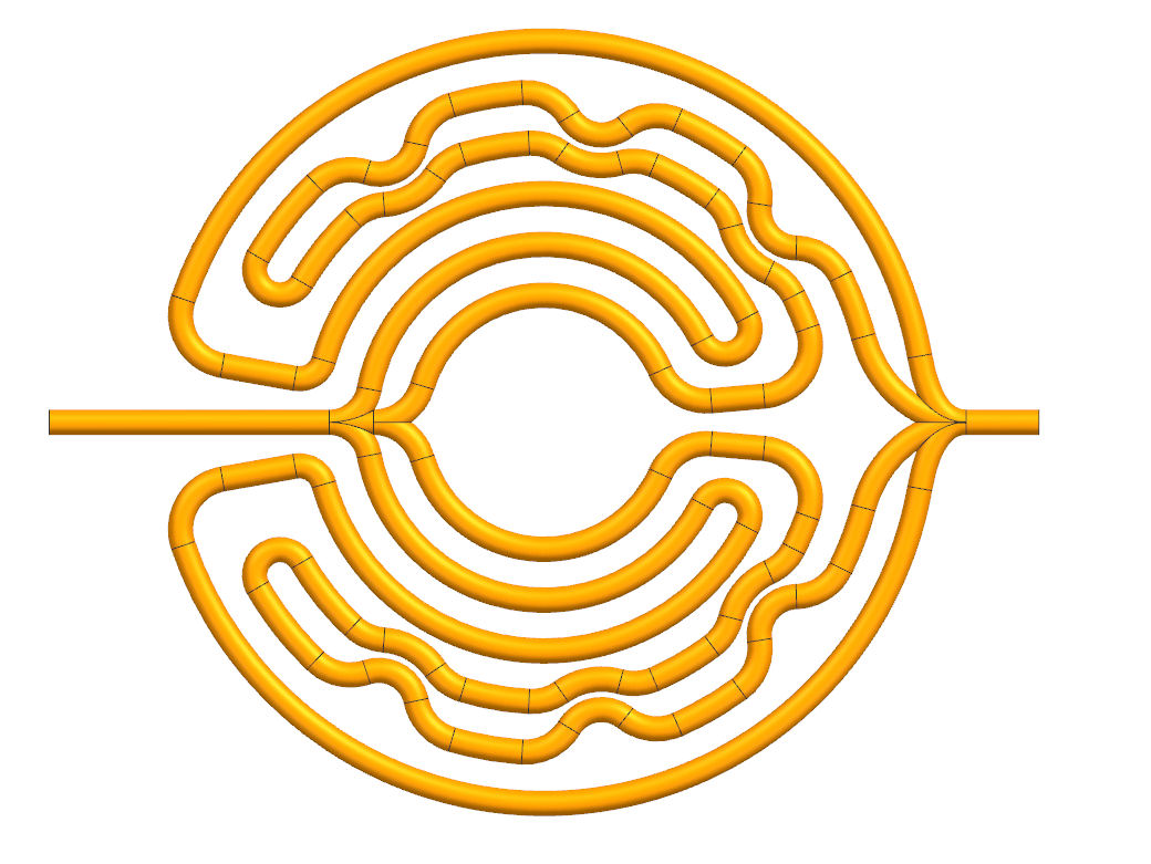One inlet divided into four parallel circular cooling branches around a central opening