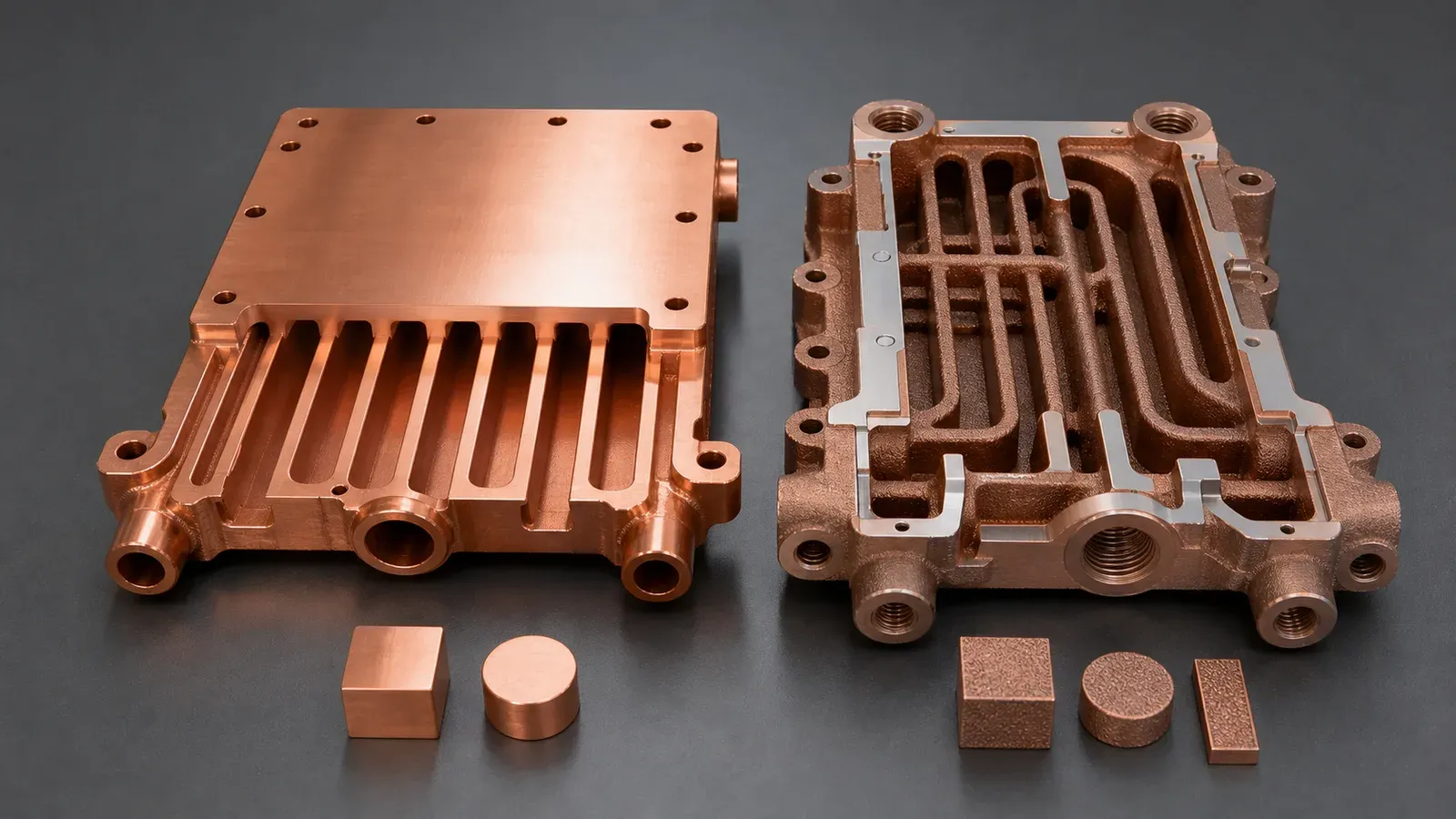 Concept cutaways showing different copper channel layouts, not an experimental material comparison