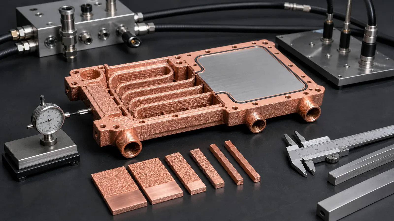 Concept illustration of a copper component and inspection tools, not a measured validation setup