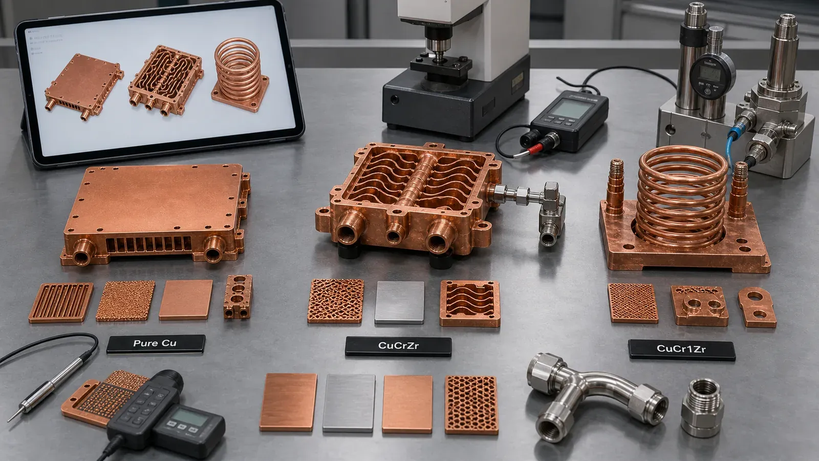 Concept illustration of copper parts and sample geometries; not a measured alloy comparison