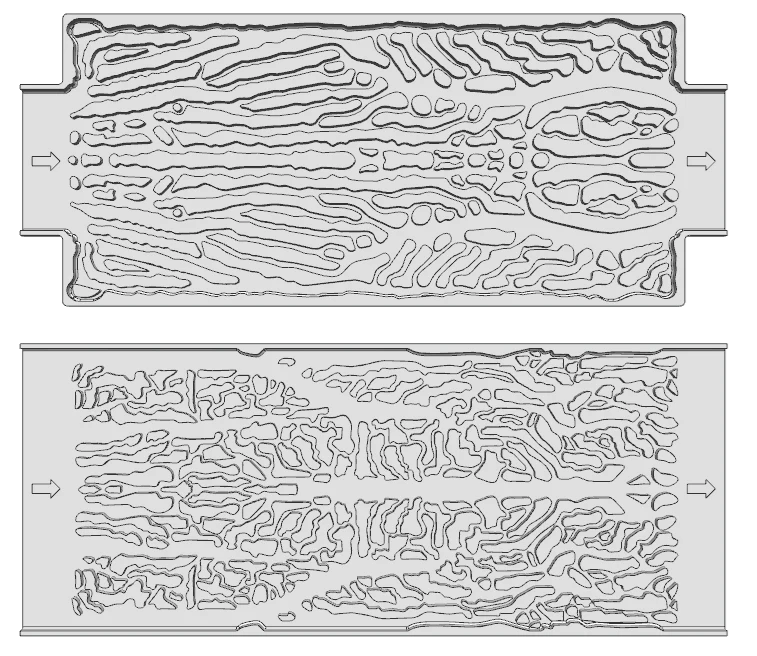 Two reconstructed topology-led cooling channel models with continuous inlet and outlet passages