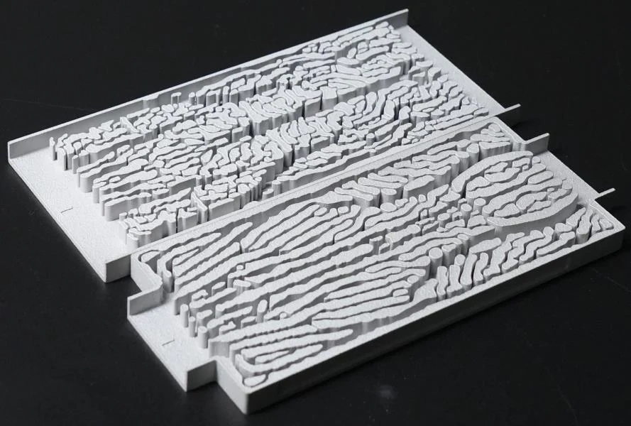 Physical manufacturability models of two reconstructed topology-led cooling channel layouts