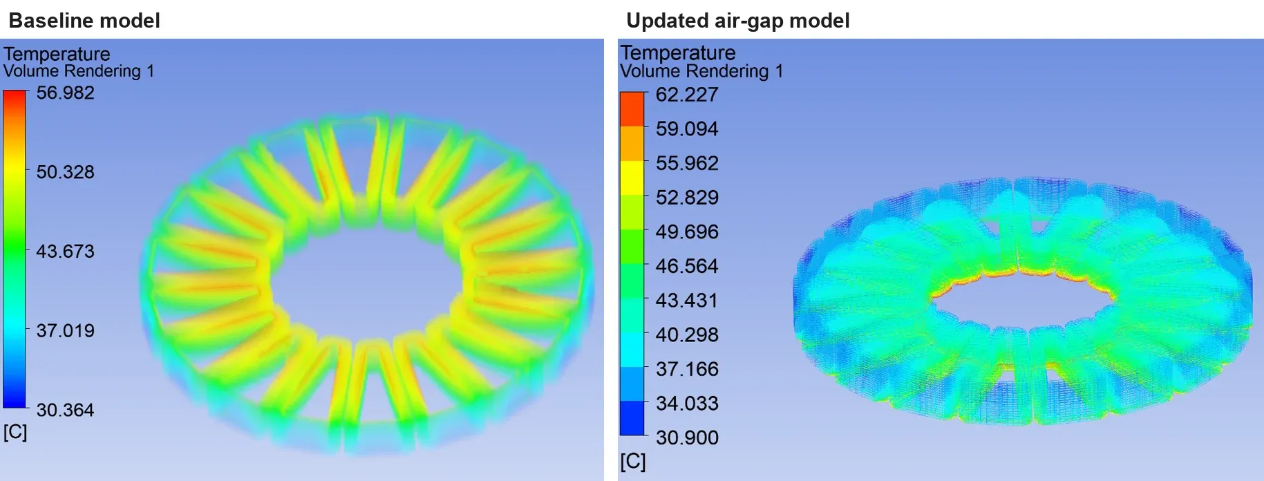 Winding temperature comparison: baseline model 30.4 to 57.0 °C versus updated air-gap model 30.9 to 62.2 °C